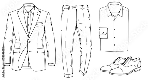 Elegant Line Art Illustration of a Classic Mens Suit and Accessories.