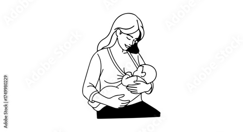 Elegant Line Art Illustration of Mother Breastfeeding Her Baby with Love.