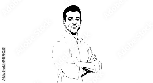 Smiling Man in White Shirt with Arms Crossed, Line Art Illustration.