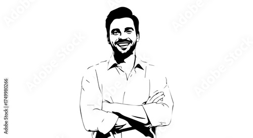 Smiling Man with Crossed Arms, Black and White Line Art Illustration.