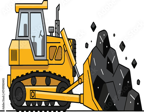 Vector, illustration of a bulldozer at a coal mine with coal materials, poster, printing, design, background, sticker,