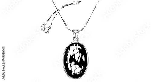 Elegant Silver Necklace with Oval Black and White Abstract Pendant.