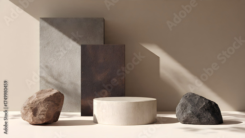 minimal scene mockup with stone product beige podium