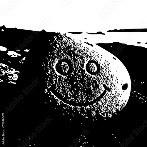 Smiling Stone with Engraved Face, Textured Surface, and Happy Expression.