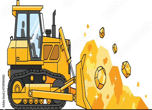 Vector, illustration of a bulldozer vehicle with gold material, industry, mining, poster, printing, background