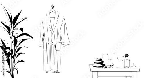 Elegant Sketch of a White Bathrobe Hanging on a Hook, Spa Concept.