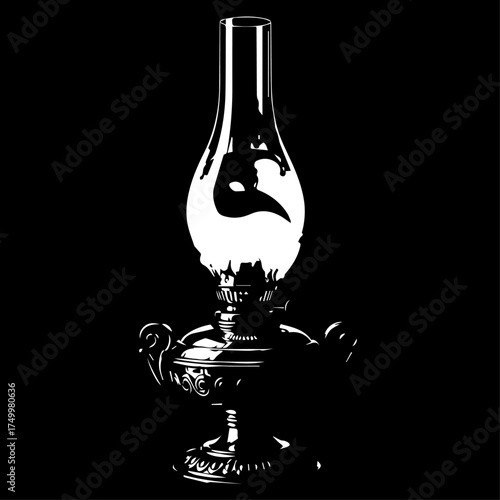 Elegant Vintage Oil Lamp Illustration with Ornate Base and Glass Chimney.