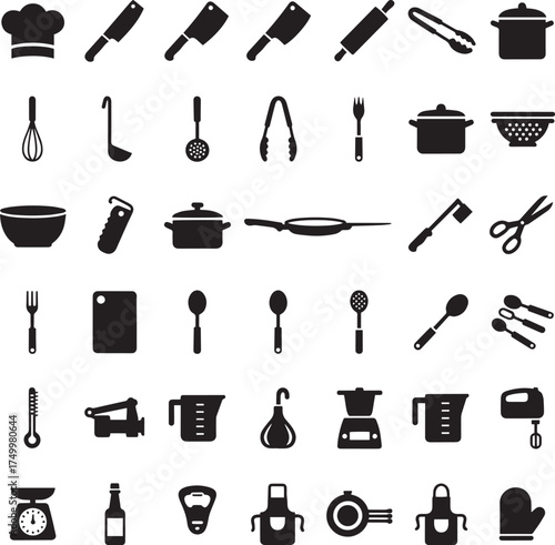 Comprehensive Black Kitchen Utensils and Cooking Icon Set