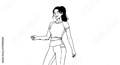 Smiling Woman in Sportswear Walking with a Confident and Upbeat Expression.