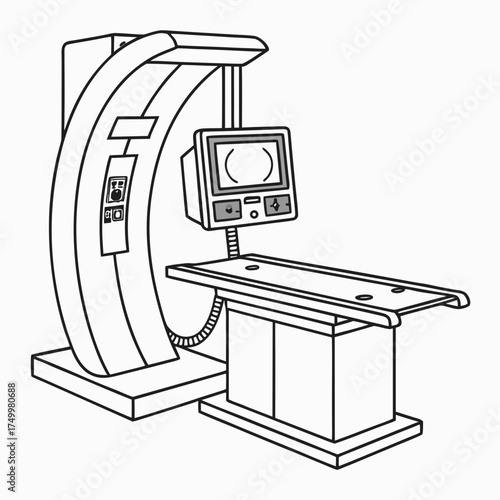 A clear black and white line drawing illustration of a medical ct scanner machine with a patient examination table and a control console displaying medical imaging