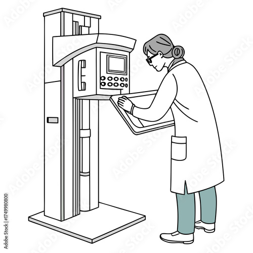 A scientist wearing a lab coat and glasses is operating a complex scientific machine with a digital display and buttons holding a tray