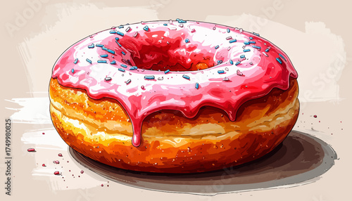 Pink glazed donut with sprinkles on a plate