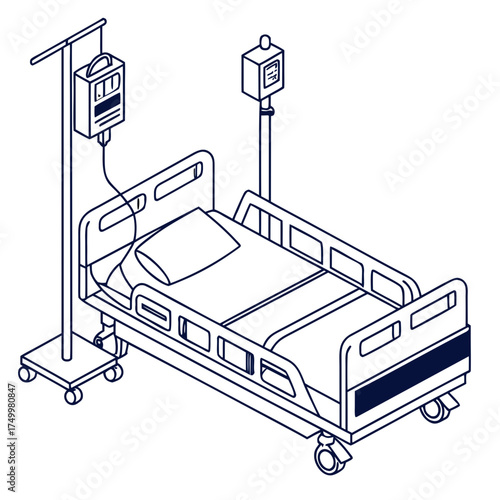A simple isometric line art illustration of a hospital bed with a pillow and blankets alongside an iv pole with an infusion pump and drip bag symbolizing medical care and treatment