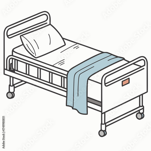 A simple isometric illustration of a hospital bed with a pillow and a blue blanket ready for a patient on a white background
