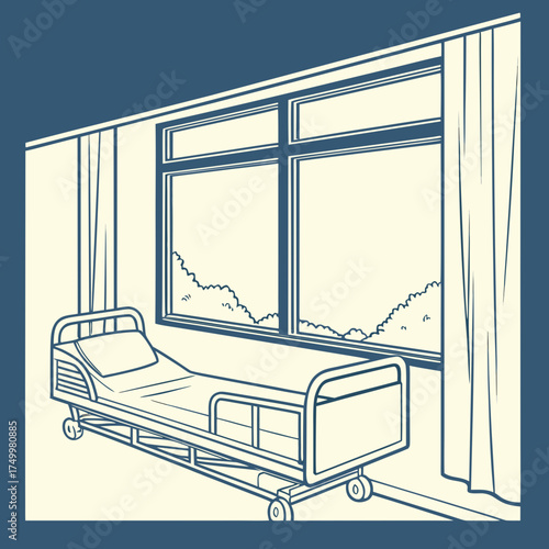 A solitary hospital bed with a pillow sits near a large window with drawn curtains offering a view of green foliage outside evoking a sense of quiet contemplation or recovery