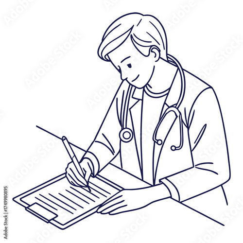 A smiling male doctor wearing a stethoscope and white coat is diligently writing notes on a clipboard with a pen illustrating medical care and documentation