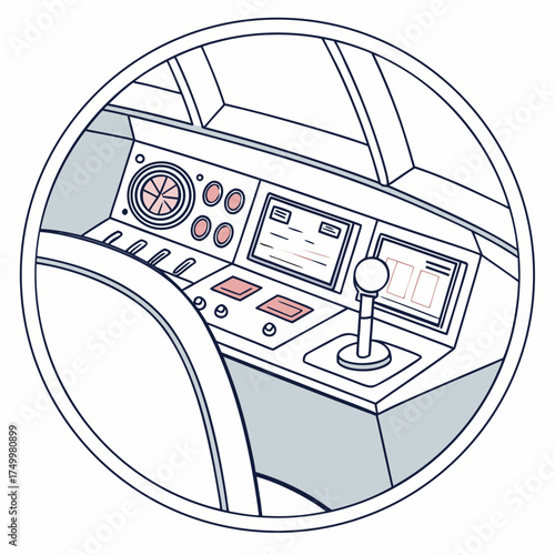 A stylized illustration of a futuristic vehicle cockpit dashboard featuring a steering wheel control panel digital displays and a gear shift lever within a circular frame