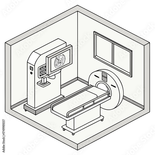 Isometric illustration of a modern medical imaging room featuring a ct scanner with a patient bed and control console displaying a scan