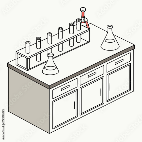 Isometric laboratory bench with test tubes in a rack flasks and a clamp holding a test tube for scientific experimentation and research purposes