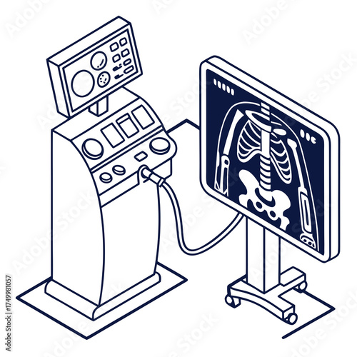 Isometric line art illustration of a medical x ray machine with a monitor displaying a human skeleton and a control panel with buttons and dials for diagnostic imaging