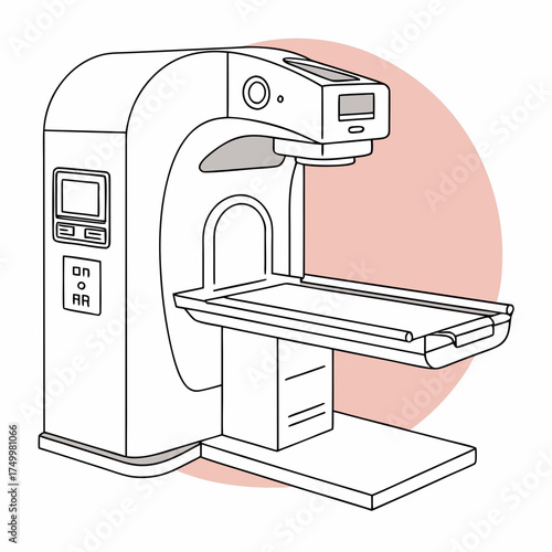 Stylized line art illustration of a modern medical linear accelerator machine for cancer radiation therapy treatment with a patient treatment table and control panel