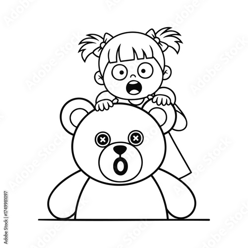 Whimsical Line Art Depicting an Adorable Girl and a Wide Eyed Teddy Bear with Button Eyes