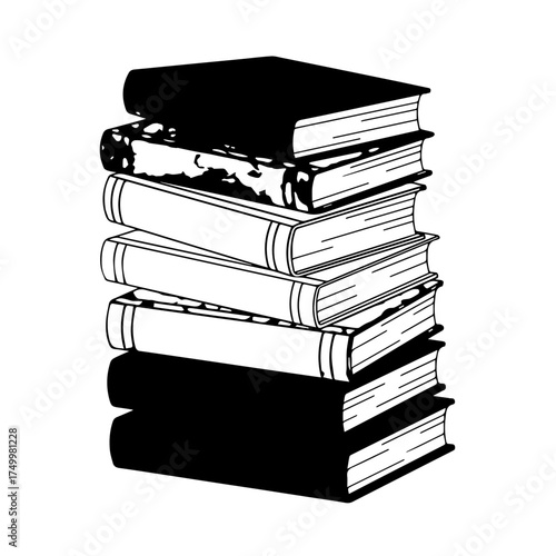 Stacked Black and White Books with Detailed Outlines and Textures.