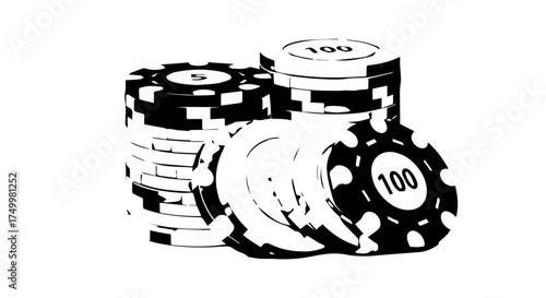 Stacked Black and White Poker Chips with 100 Value Indication.