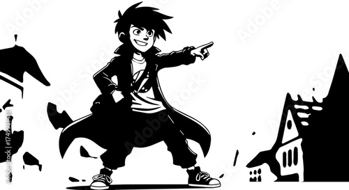 Energetic Cartoon Boy Pointing with a Confident Expression and Stylish Coat.
