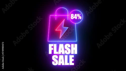 Neon Flash Sale Shopping Bag With 84 Percent Discount And Lightning Bolt Symbol On Black Background image