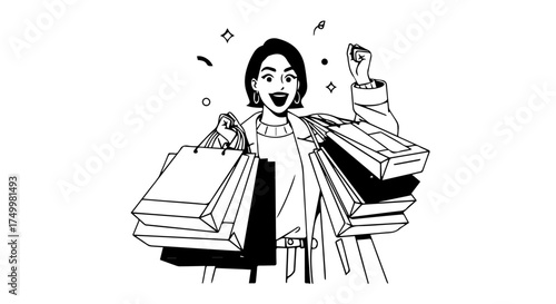 Excited Woman Holding Shopping Bags, Celebrating Purchases with Joyful Expression.