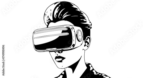 Stylish Retro-Futuristic Person Wearing VR Headset in Black and White Illustration.