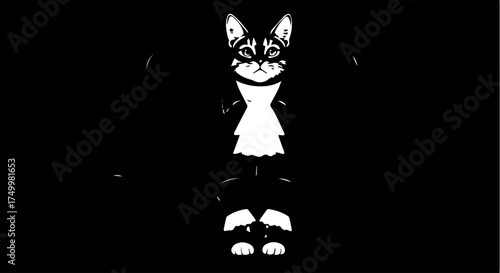 Stylized Black and White Cat Wearing a Dress and Pants, Standing Upright.