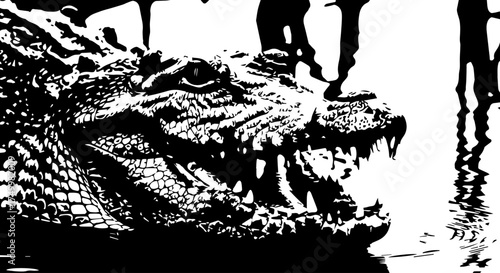 Fierce Black and White Crocodile Head Showing Sharp Teeth and Textured Skin.