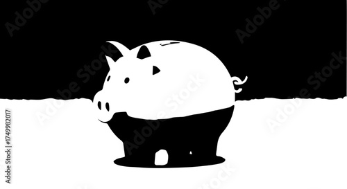 Stylized Black and White Piggy Bank Illustration with Coin Slot and Tail.