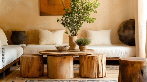 Set of low wooden stools with natural finishes arranged around a small coffee table in a cozy living room adding a rustic charm with minimal design perfect for casual seating