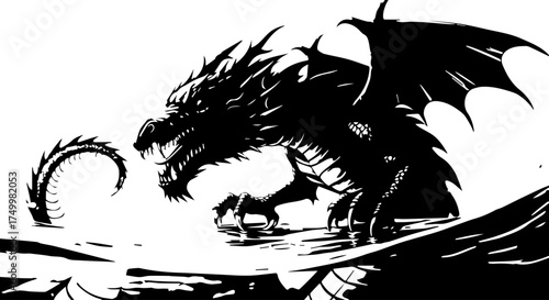 Fierce Black Dragon with Spiked Back and Open Mouth, Winged Silhouette.