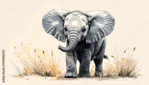 Baby elephant standing in tall grass