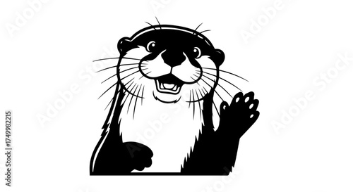 Friendly Cartoon Otter with Open Mouth and Waving Hand, Black and White.