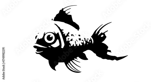Stylized Black Silhouette Fish with Detailed Fins, Eye, and Unique Pattern.