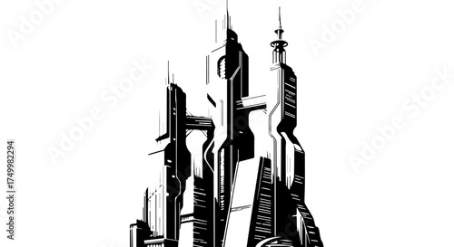 Futuristic Black and White Architectural Cityscape with Sharp Angular Structures.