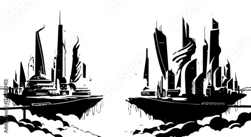 Futuristic Cityscapes in Black and White, Floating Above Clouds, Architectural Designs.