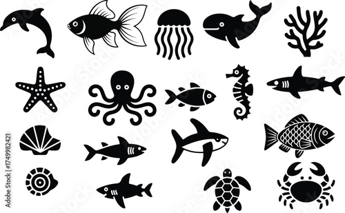 Fish Icon Set – Aquatic Animal Silhouette Collection on White Background
