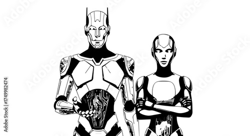Futuristic Robot Couple Standing Together in Black and White, Metallic Design.