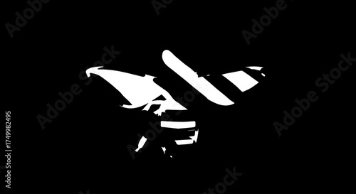 Stylized White Bee Silhouette with Striped Abdomen and Open Wings on Black Background.