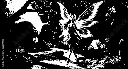 Graceful Fairy with Delicate Wings and Flowing Dress in Forest Setting.