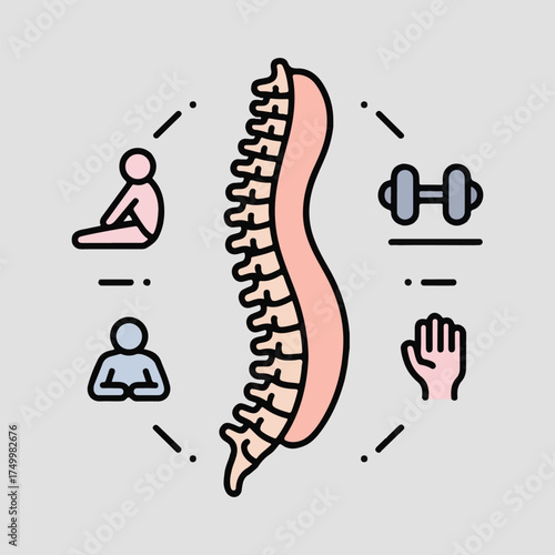 Abstract and educational World Spine Day vector featuring spine anatomy, protective shield, musical spine, nature-inspired spine, physiotherapy, movement, rehabilitation, and medical wellness icons