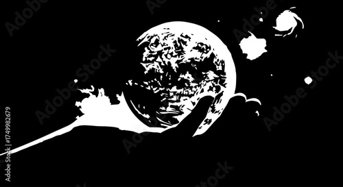 Stylized White Hand Holding Earth-like Sphere with Abstract Galaxy Elements.
