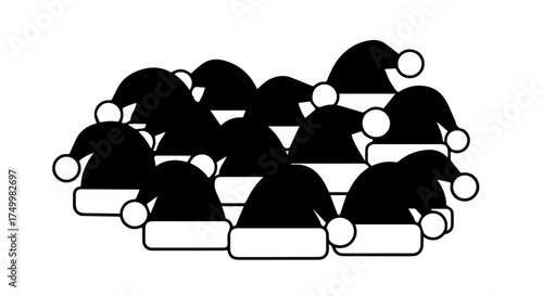 Group of Black and White Santa Claus Hats with White Pom-Poms.