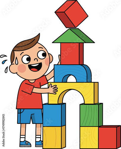 Cartoon child building blocks, colorful toy structure, educational playtime vector for learning, creativity, geometry, preschool development, effort, concentration, fun